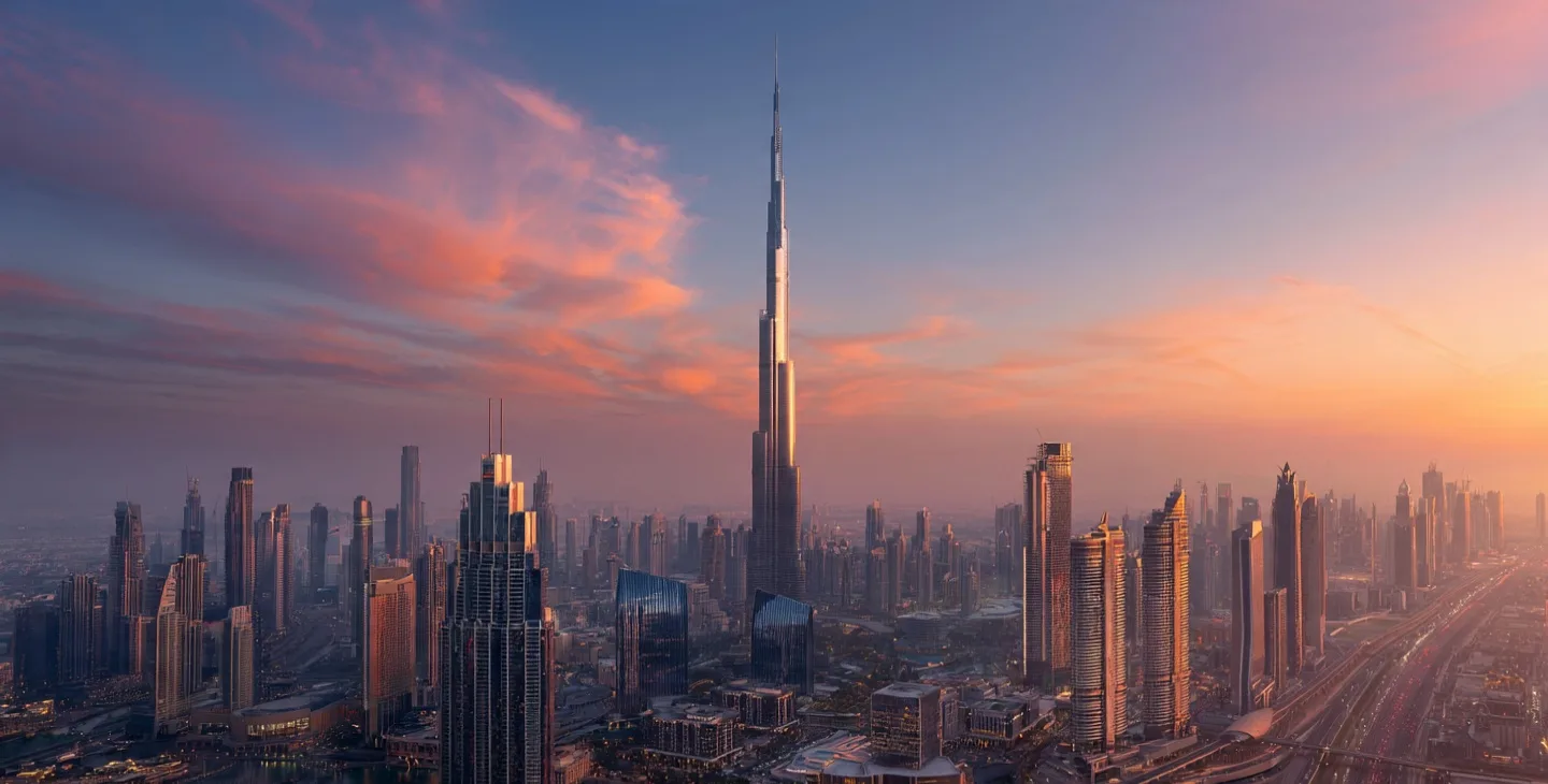 Dubai skyline at sunset — Burj Khalifa and the business district